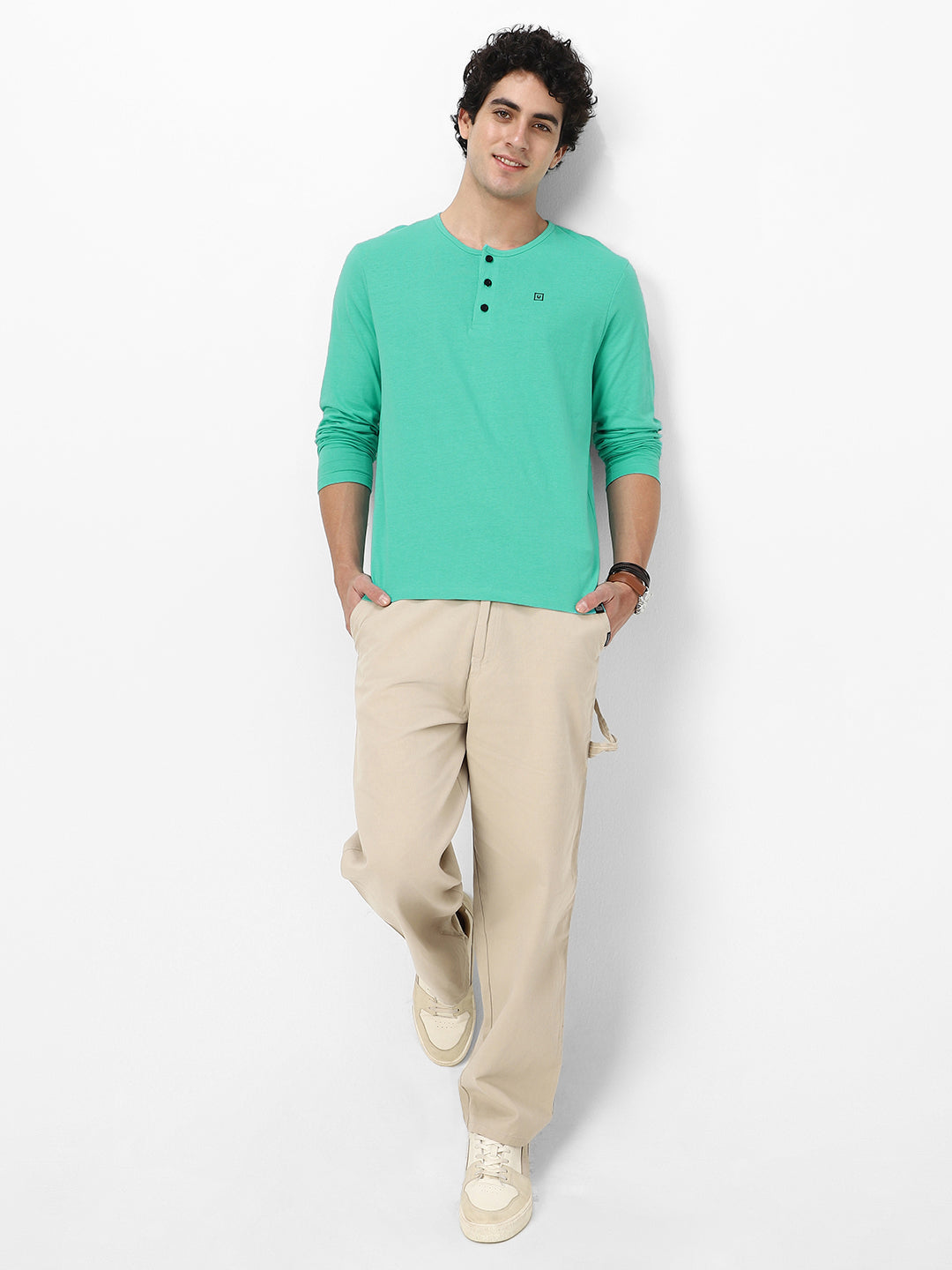 Men's Teal Green Solid Henley Neck Slim Fit Full Sleeve Cotton T-Shirt