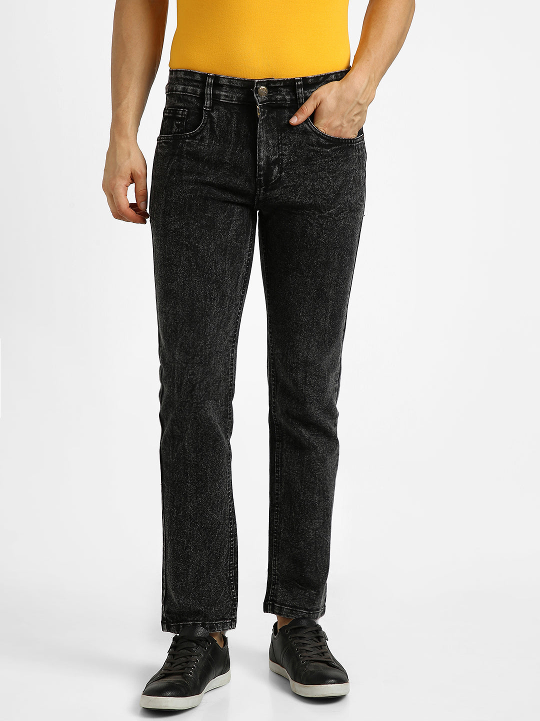 Men's Black Regular Fit Washed Jeans Stretchable