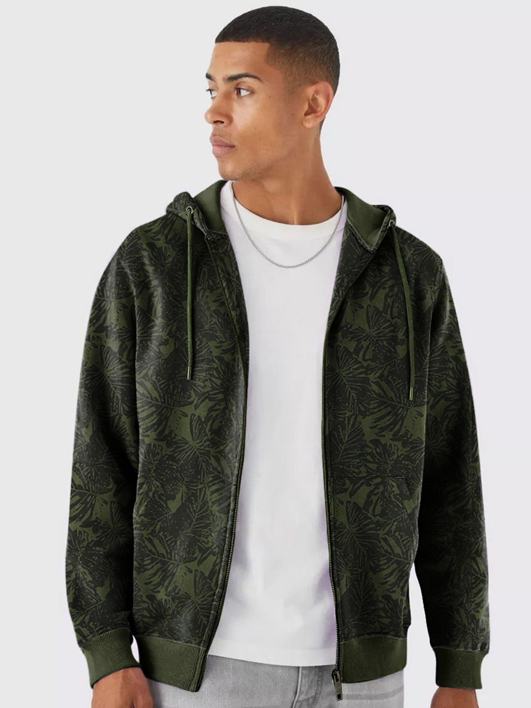 Men's Olive Green Regular Fit Printed Full Sleeve Winterwear Hooded Sweatshirt