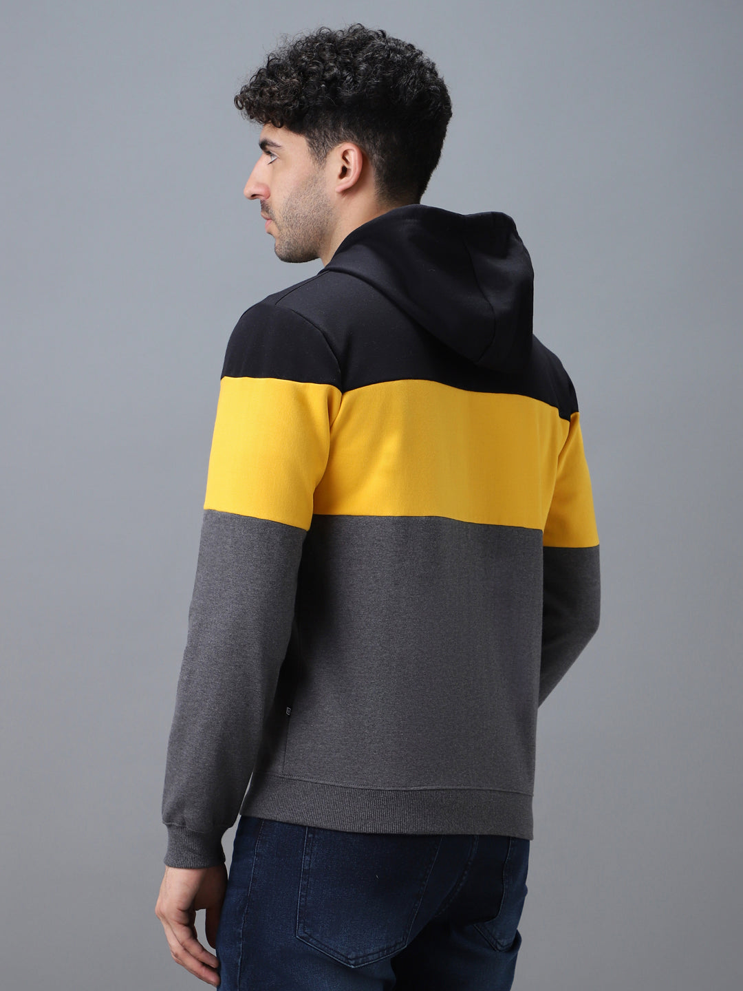 Men's Black, Yellow, Charcoal Cotton Zippered Hooded Sweatshirt