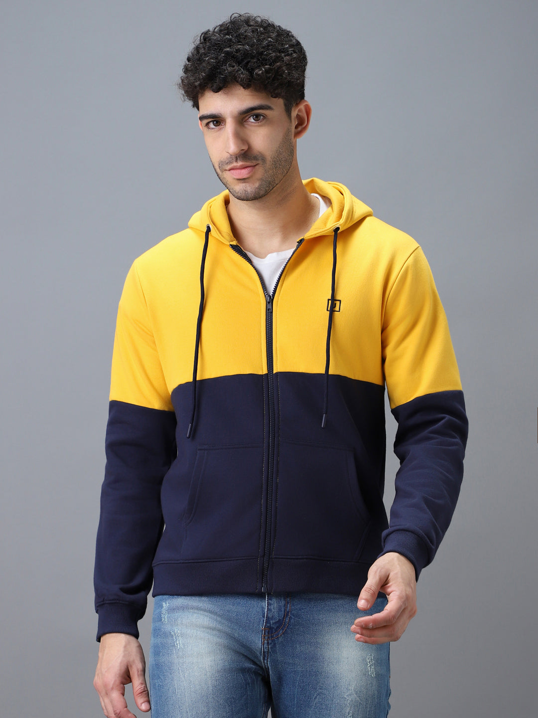 Men's Yellow, Navy Color Block Cotton Zippered Hooded Sweatshirt