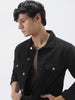 Men's Black Solid Regular Fit Washed Full Sleeve Denim Jacket