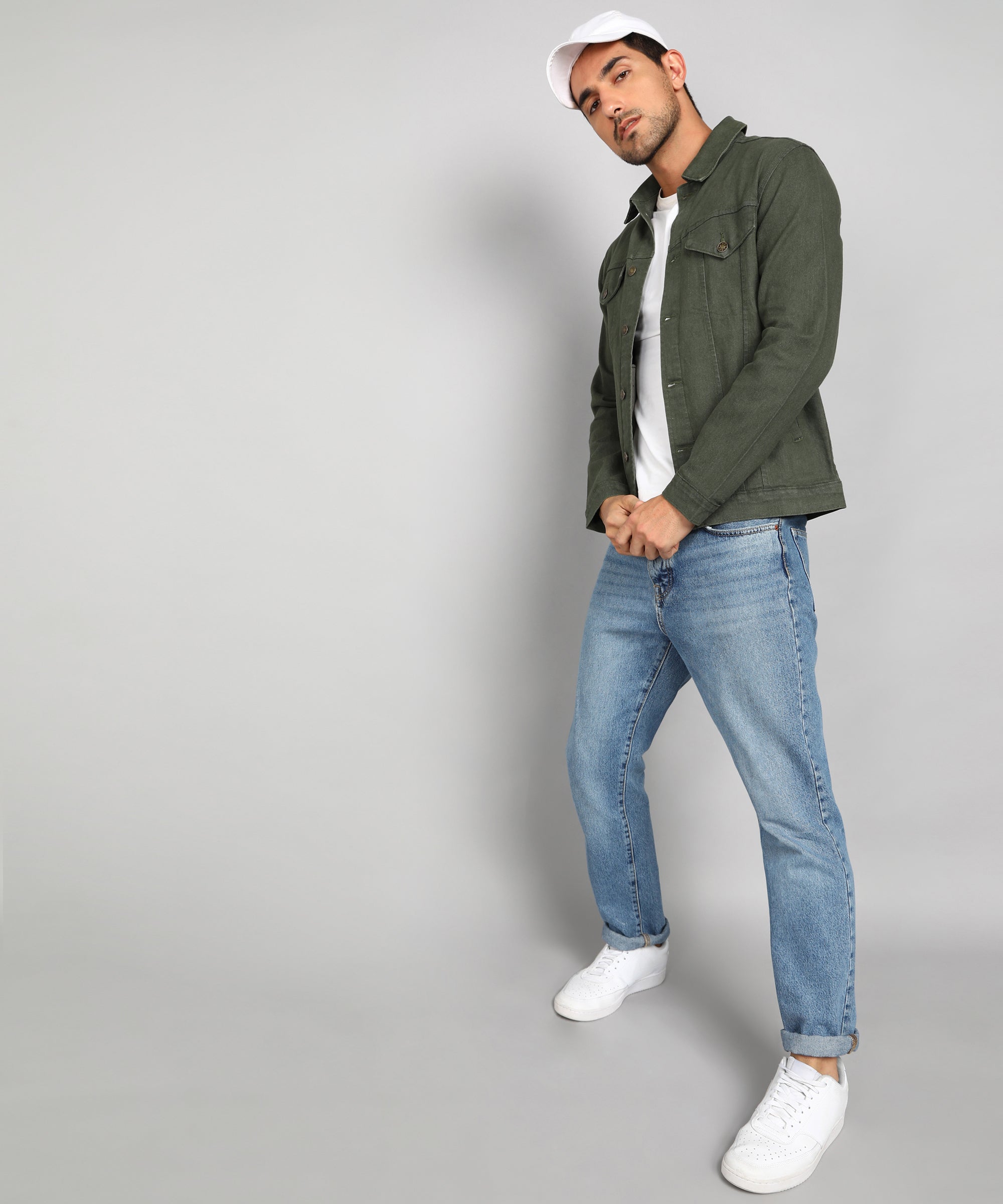 Men's Olive Green Regular Fit Washed Full Sleeve Denim Jacket