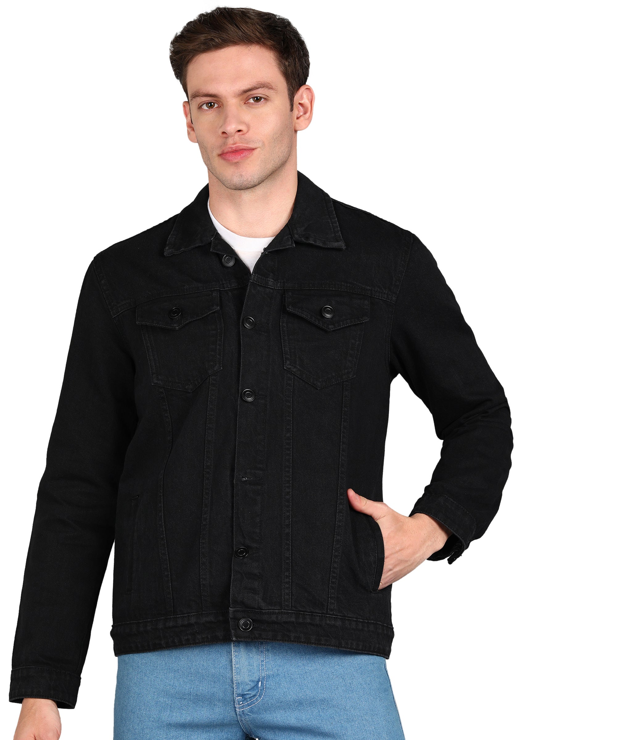 Men's Black Regular Fit Washed Full Sleeve Denim Jacket