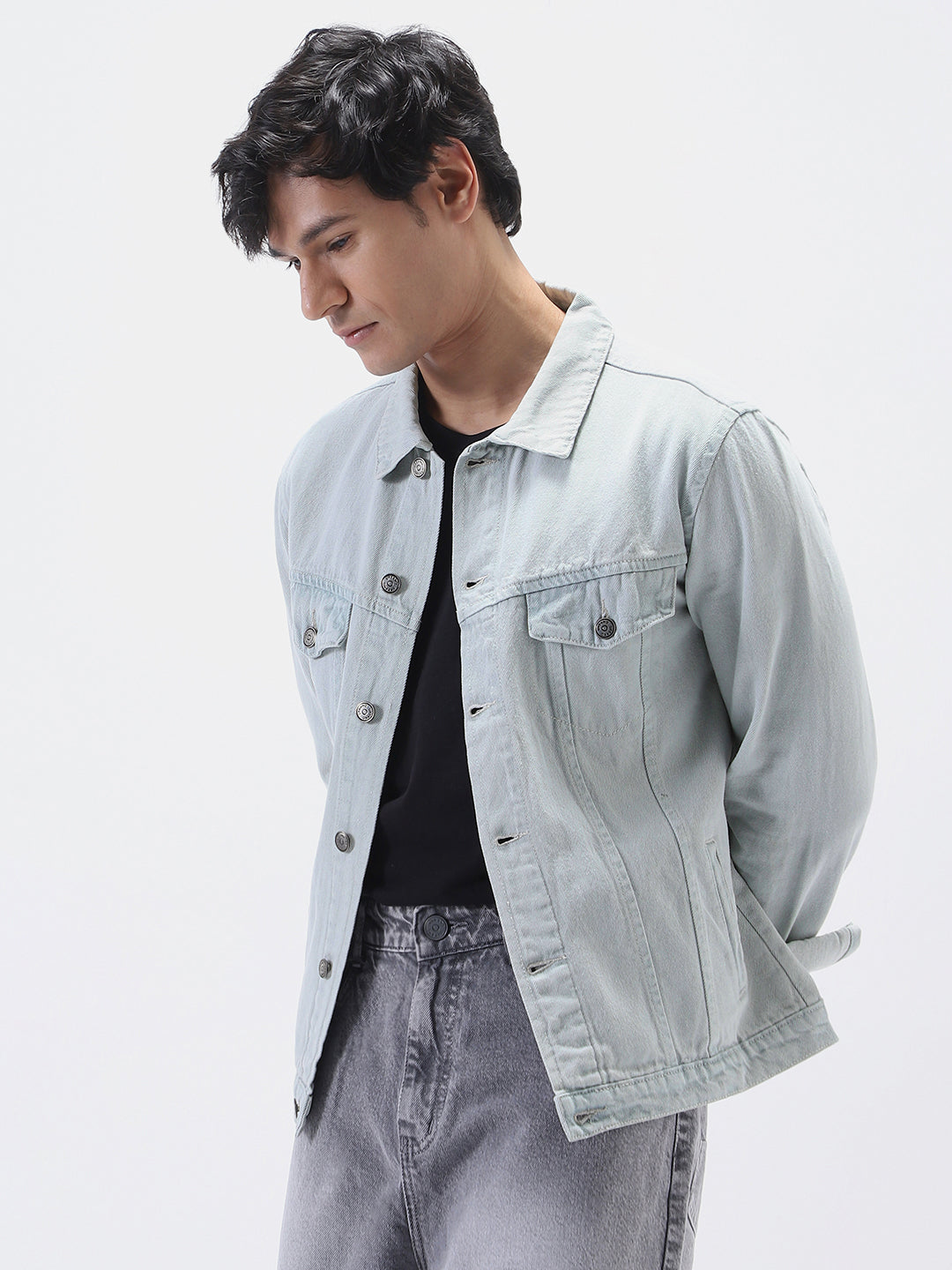 Men's White Grey Regular Fit Washed Full Sleeve Denim Jacket