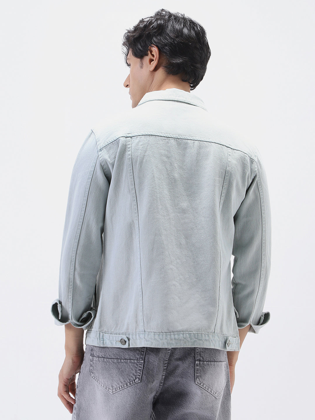 Men's White Grey Regular Fit Washed Full Sleeve Denim Jacket