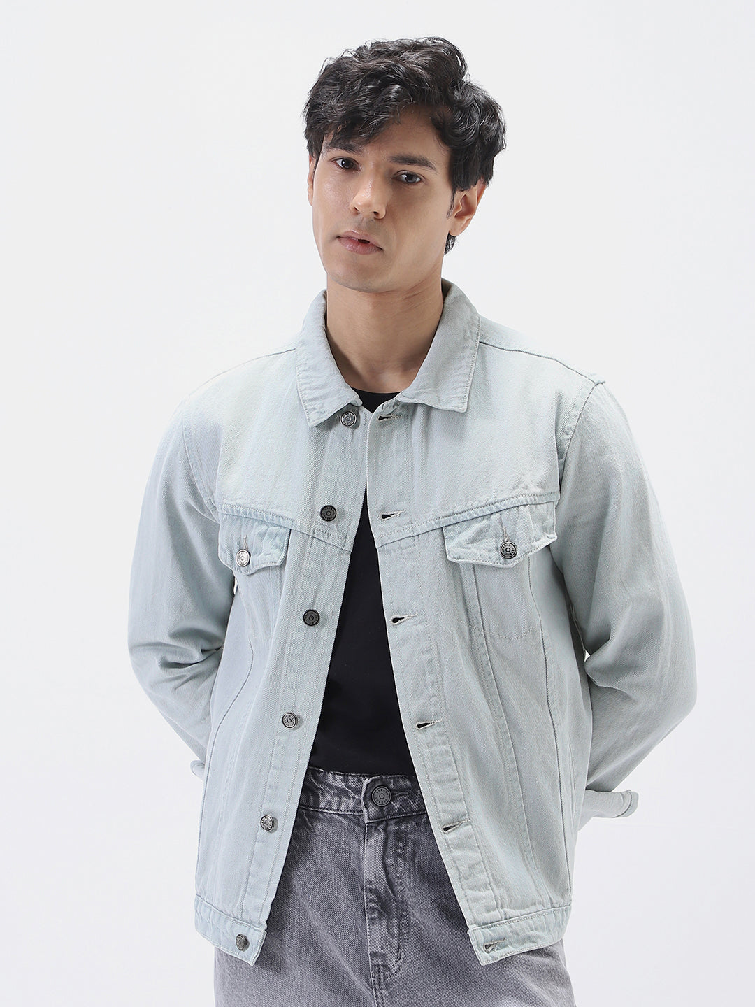 Men's White Grey Regular Fit Washed Full Sleeve Denim Jacket