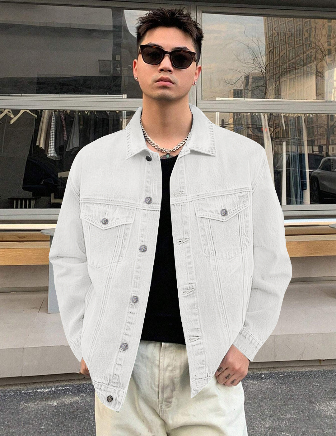 Fashion White Denim Jacket Men With White Jeans White Jeans Jacket