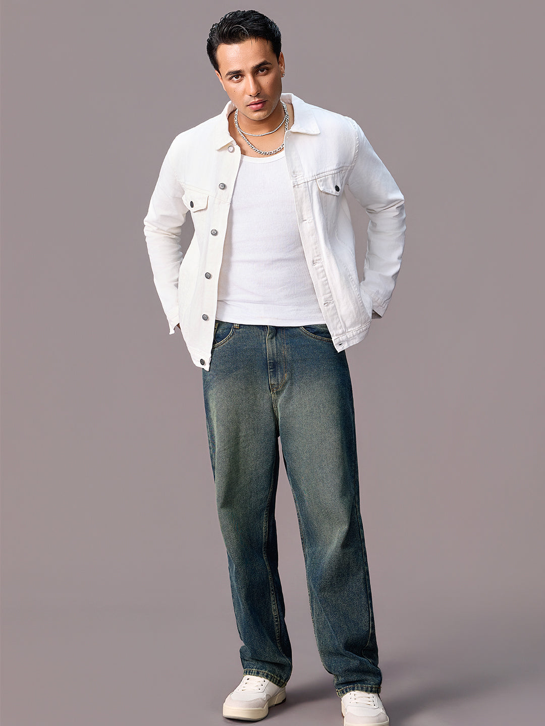 Men's White Regular Fit Washed Full Sleeve Denim Jacket