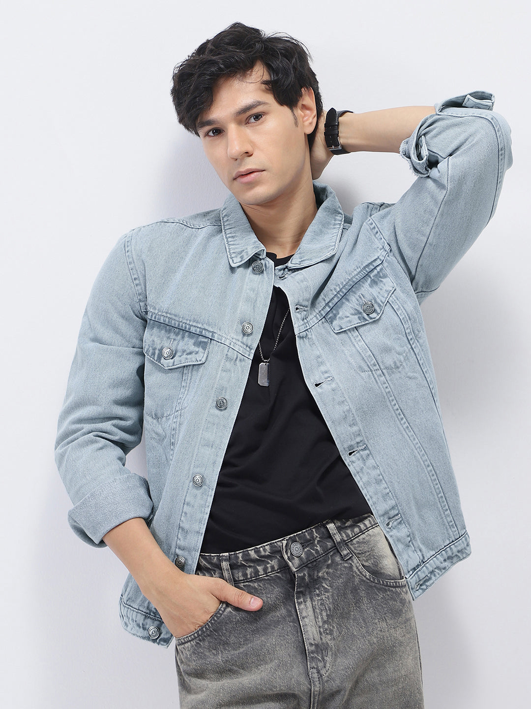 Men's Light Grey Regular Fit Washed Full Sleeve Denim Jacket