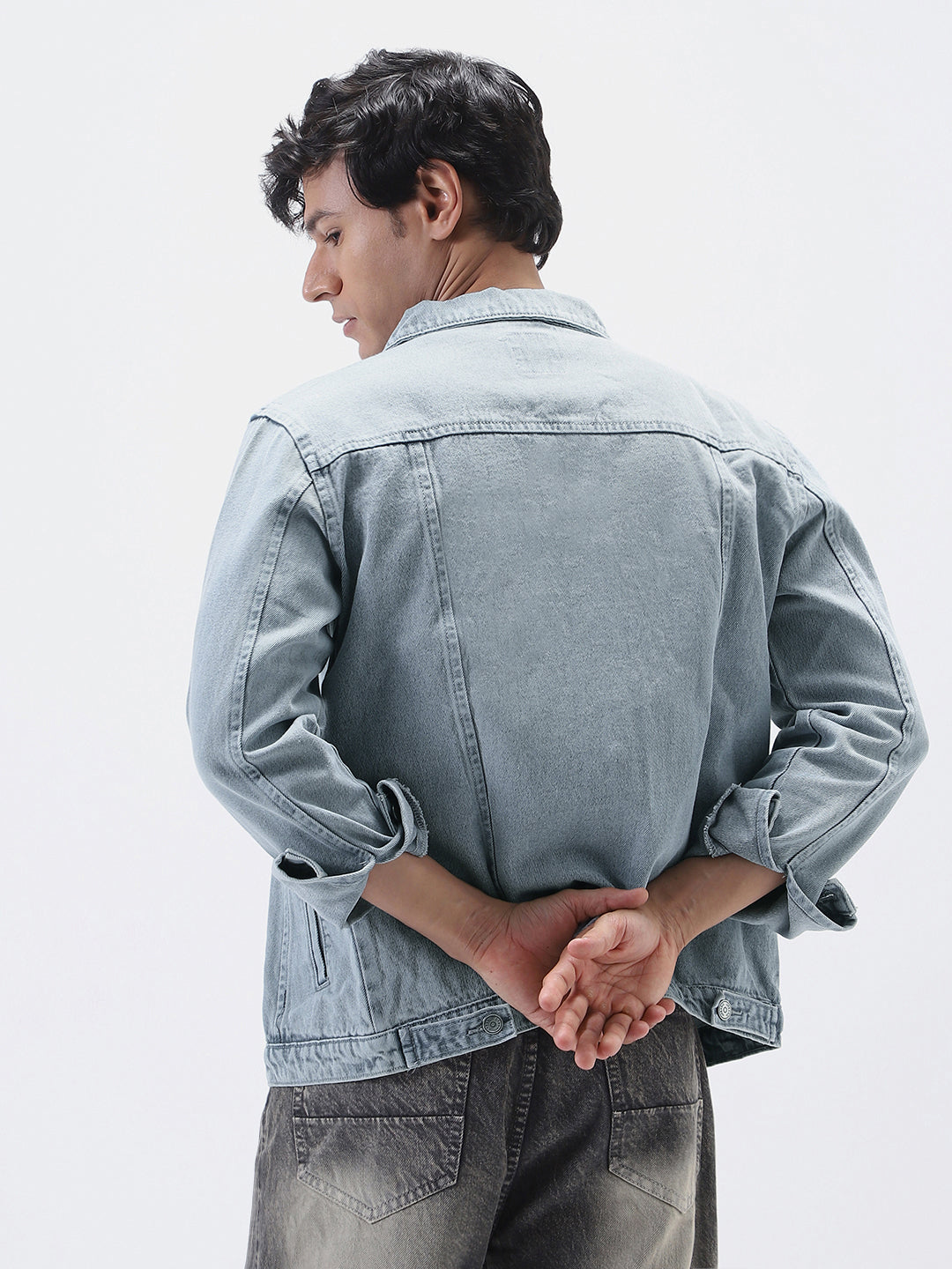 Men's Light Grey Regular Fit Washed Full Sleeve Denim Jacket