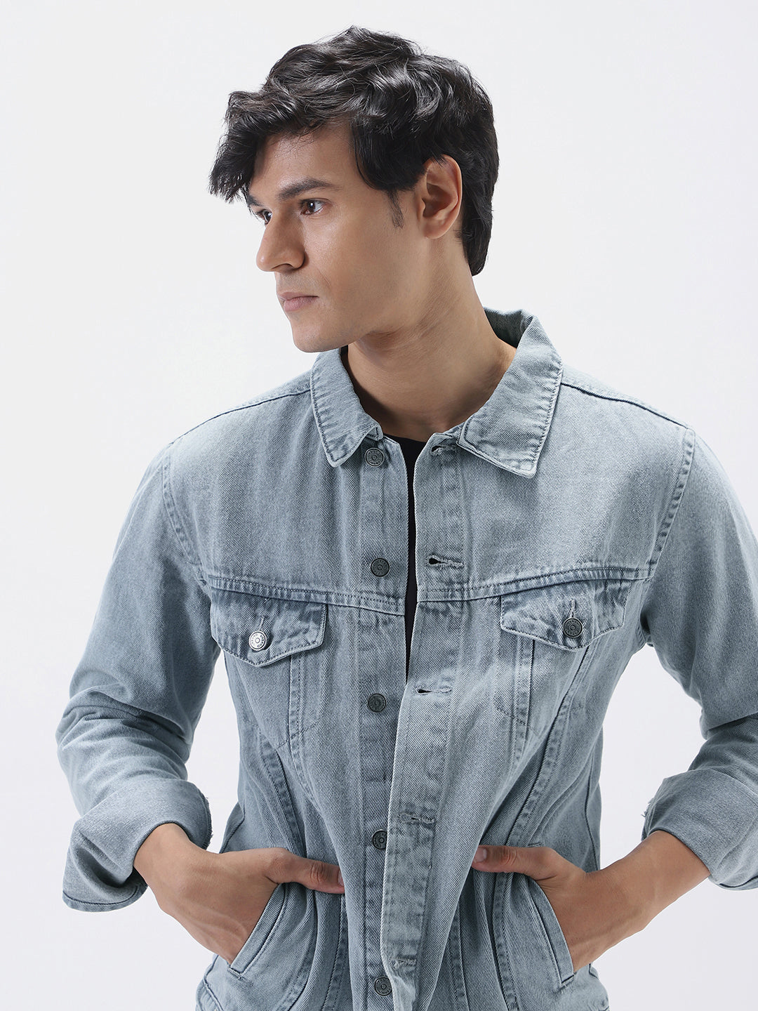 Men's Light Grey Regular Fit Washed Full Sleeve Denim Jacket
