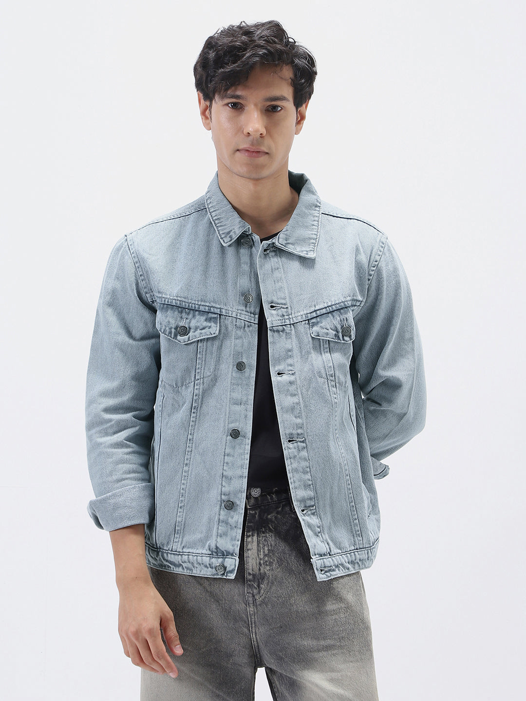 Men's Light Grey Regular Fit Washed Full Sleeve Denim Jacket