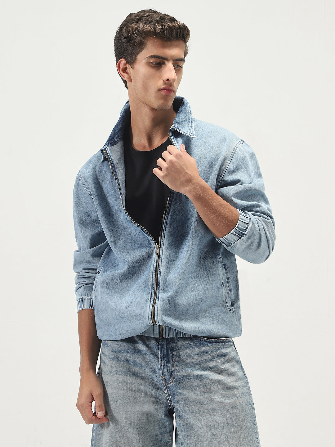 Men's Light Blue Relaxed Fit Full Sleeve Harrington Denim Jacket