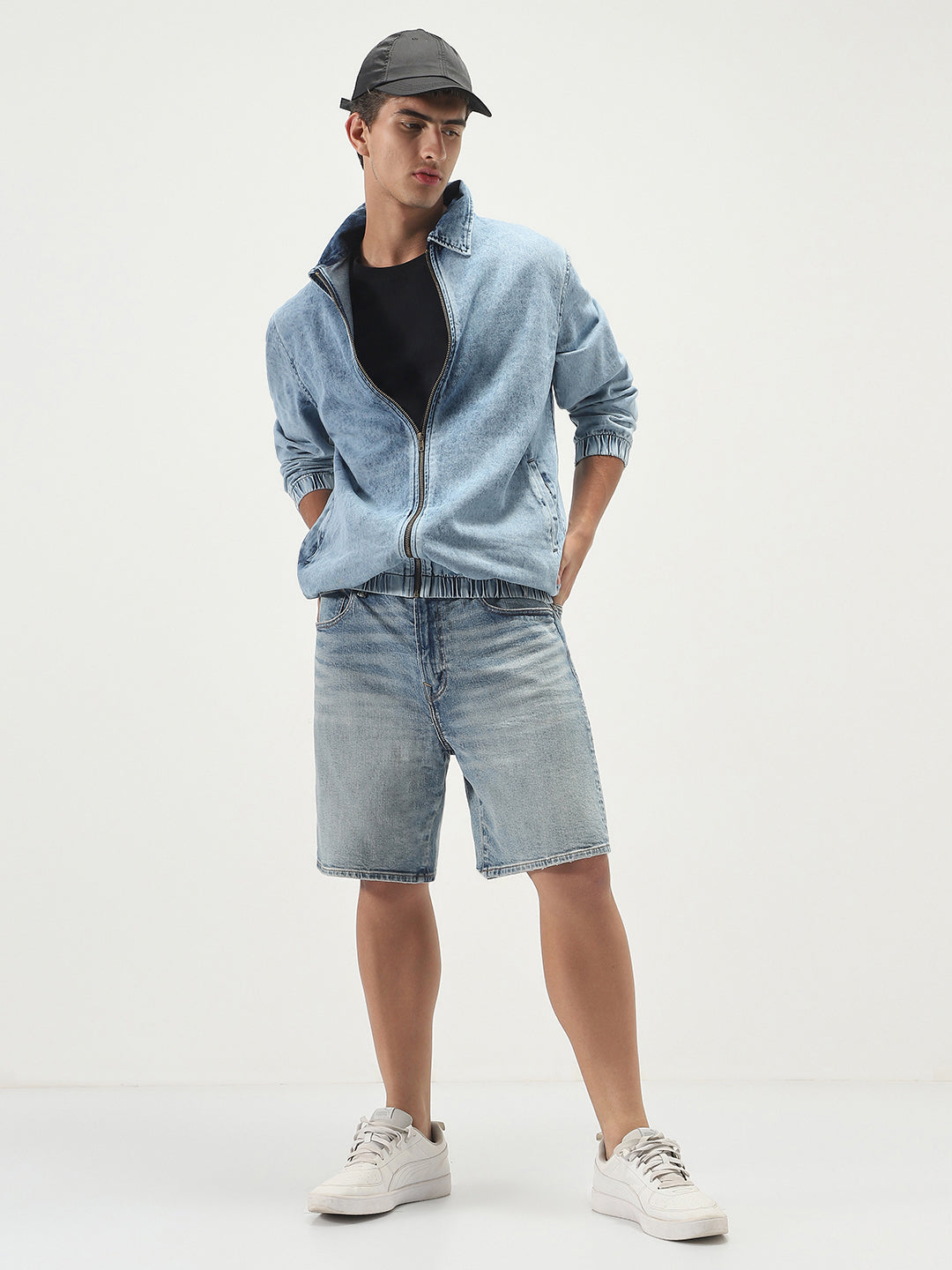 Men's Light Blue Relaxed Fit Full Sleeve Harrington Denim Jacket