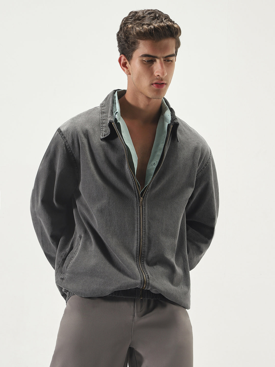 Men's Light Grey Relaxed Fit Full Sleeve Harrington Denim Jacket