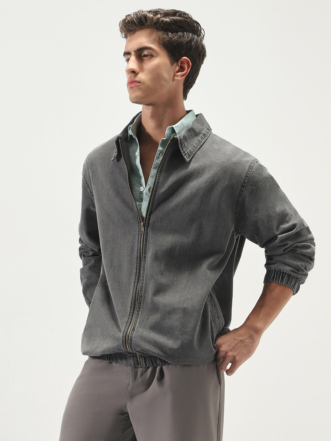 Men's Light Grey Relaxed Fit Full Sleeve Harrington Denim Jacket