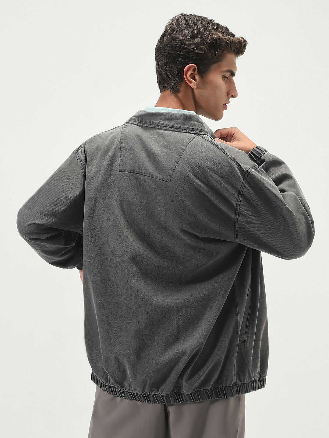 Men's Light Grey Relaxed Fit Full Sleeve Harrington Denim Jacket