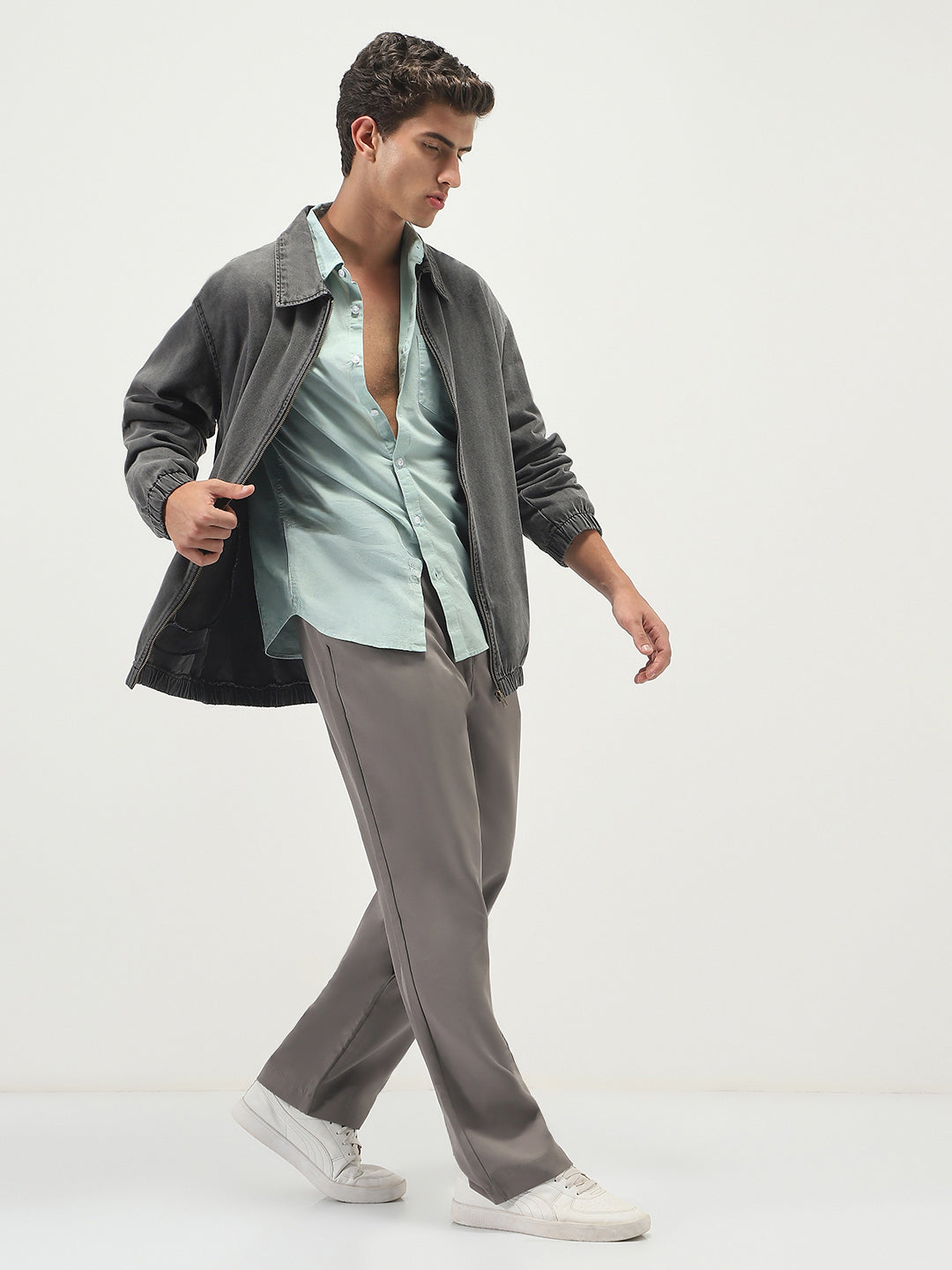 Men's Light Grey Relaxed Fit Full Sleeve Harrington Denim Jacket