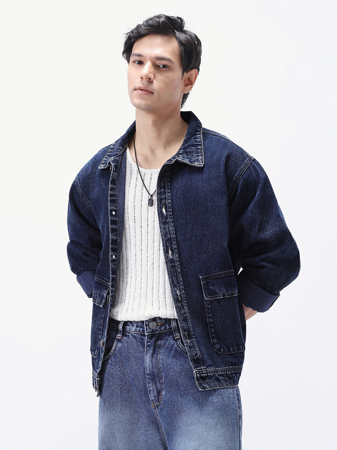 Men's Dark Blue Relaxed Fit Full Sleeve Utility Denim Jacket