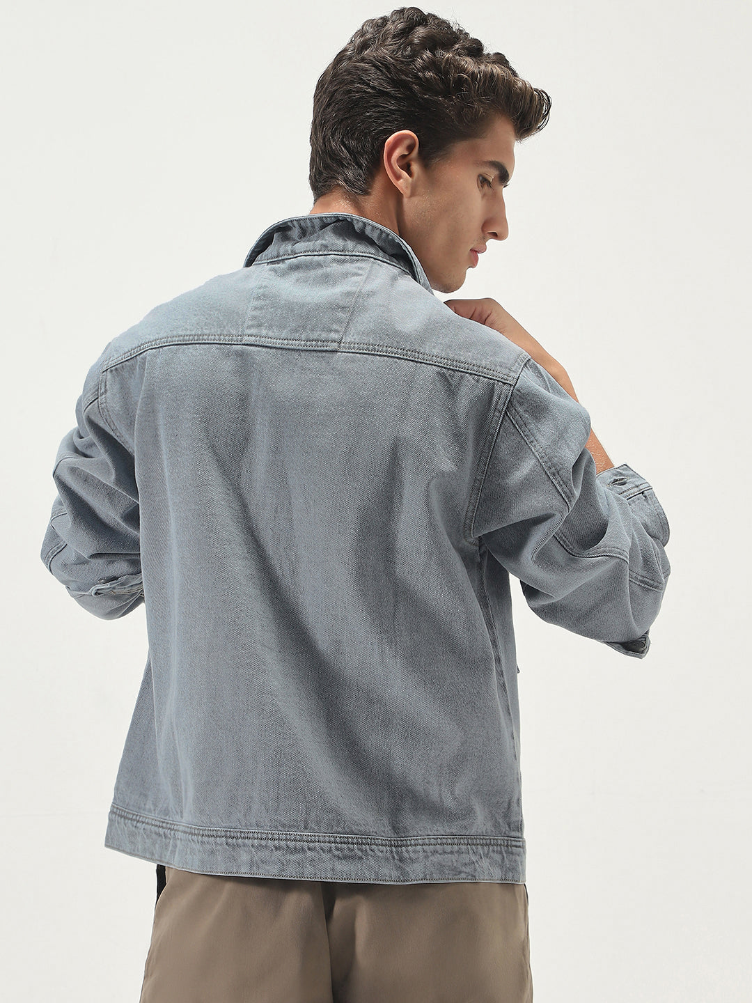 Men's Ice Grey Relaxed Fit Full Sleeve Utility Denim Jacket