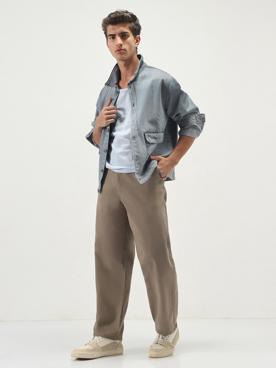 Men's Ice Grey Relaxed Fit Full Sleeve Utility Denim Jacket