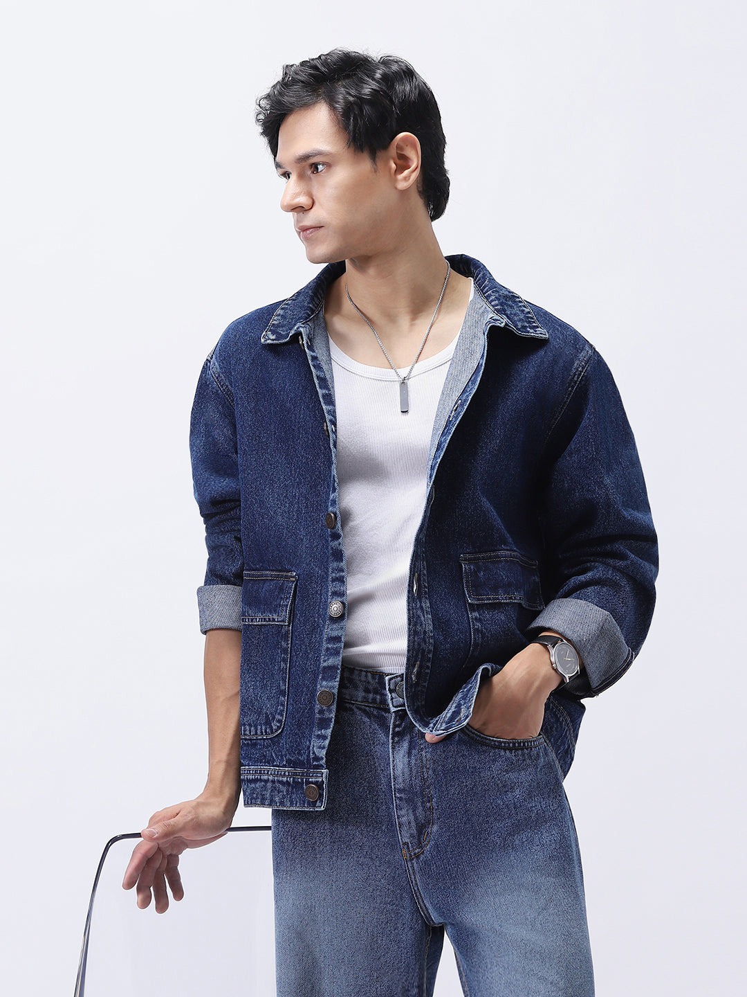 Men's Blue Relaxed Fit Full Sleeve Utility Denim Jacket