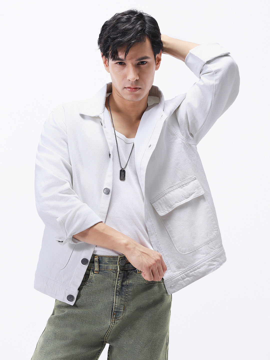 Men's White Relaxed Fit Full Sleeve Utility Denim Jacket
