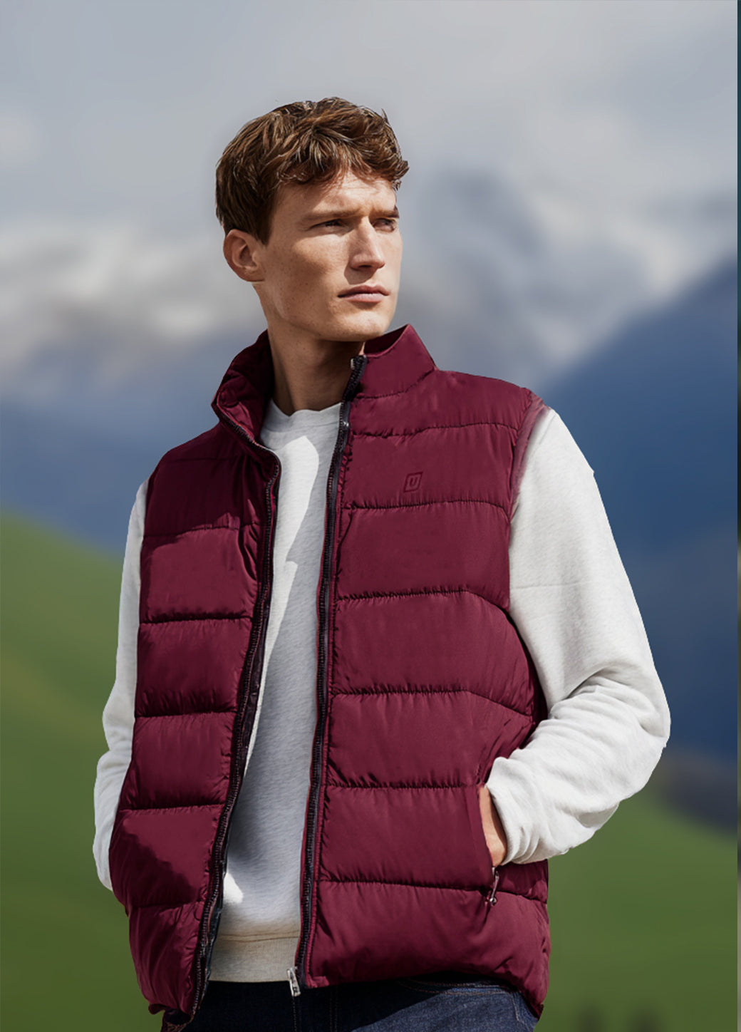 Men's Red Sleeveless Zippered Puffer Jacket