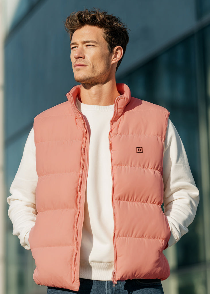 Men's Pink Sleeveless Zippered Puffer Jacket