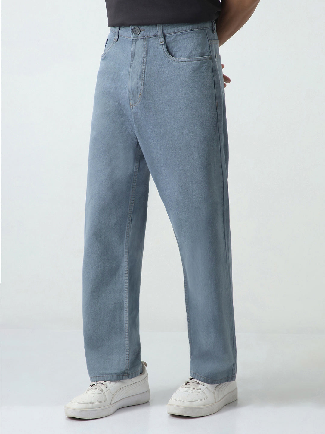 Men's Light Grey Loose Fit Washed Jeans Non-Stretchable