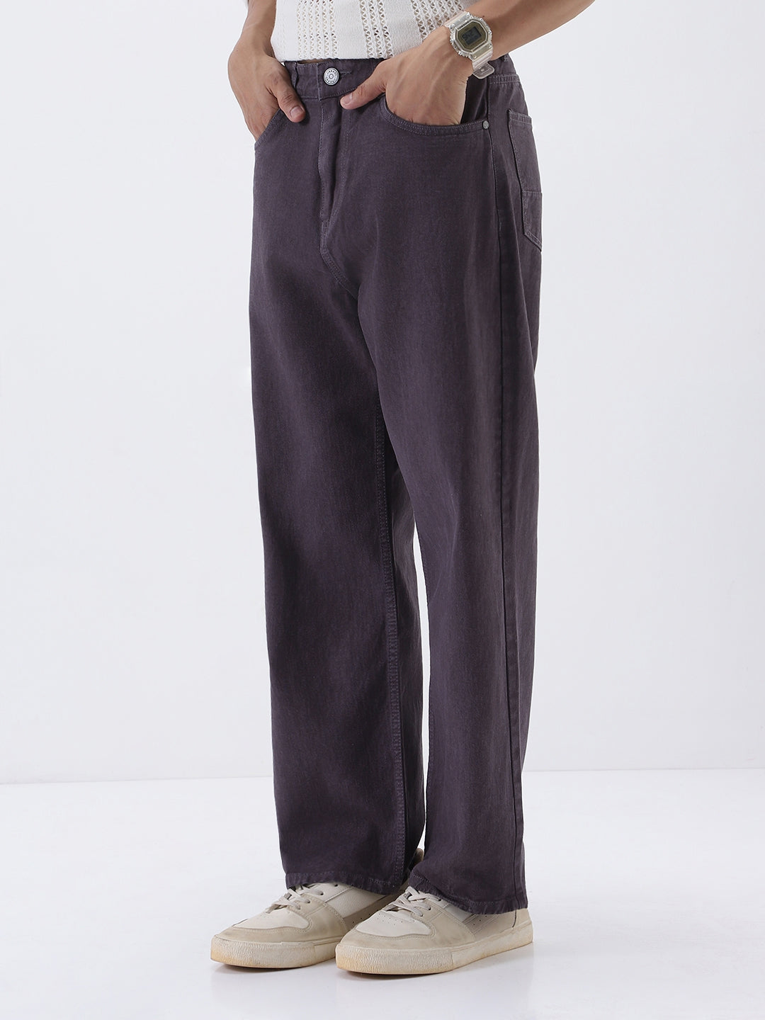 Men's Purple Loose Fit Washed Jeans Non-Stretchable