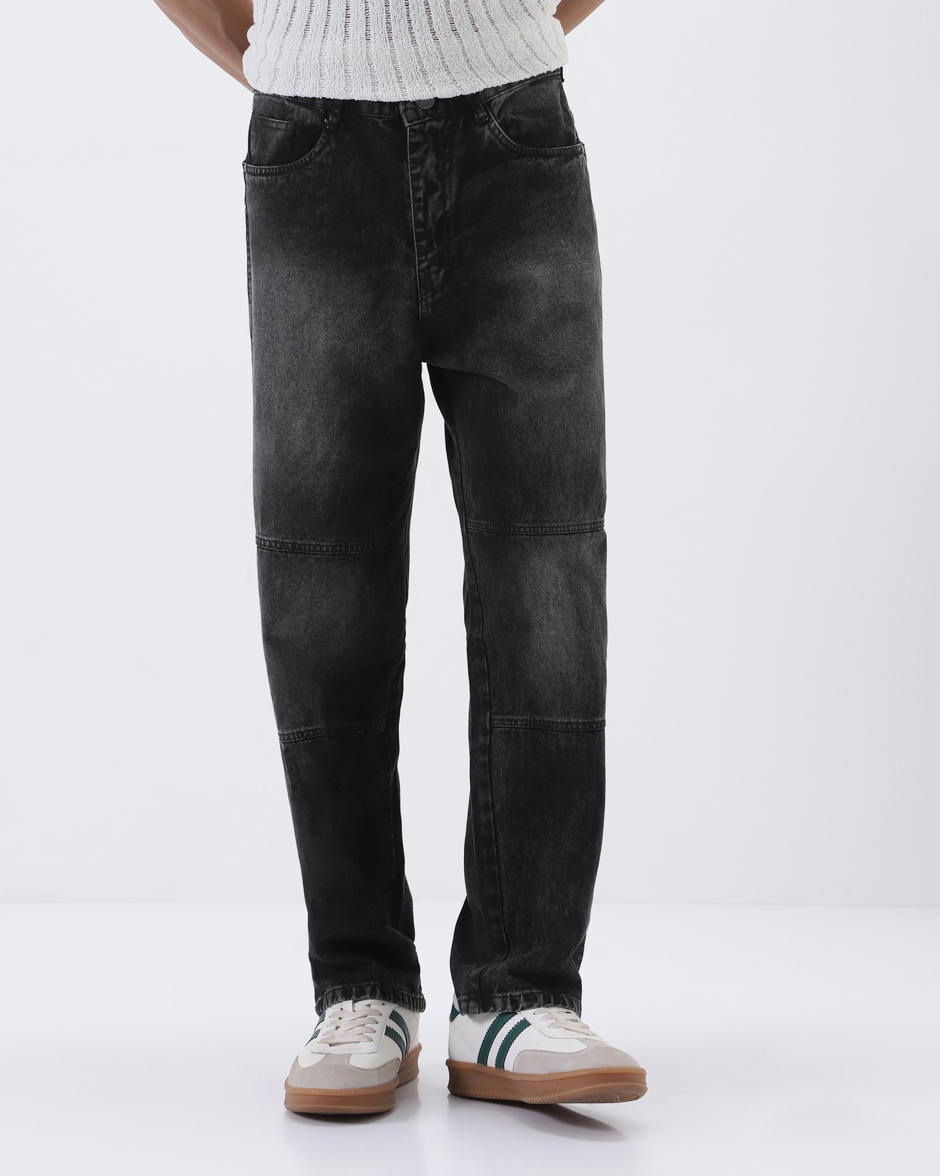 Men's Black Loose Baggy Fit Cut and Sew Panelled Jeans Non-Stretchable