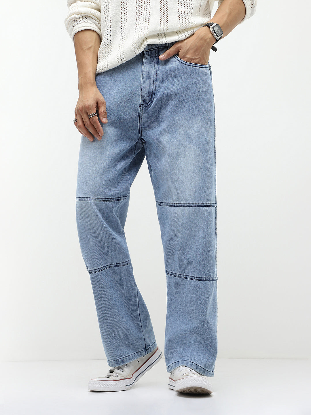 Men's Ice Blue Loose Baggy Fit Cut and Sew Panelled Jeans Non-Stretchable