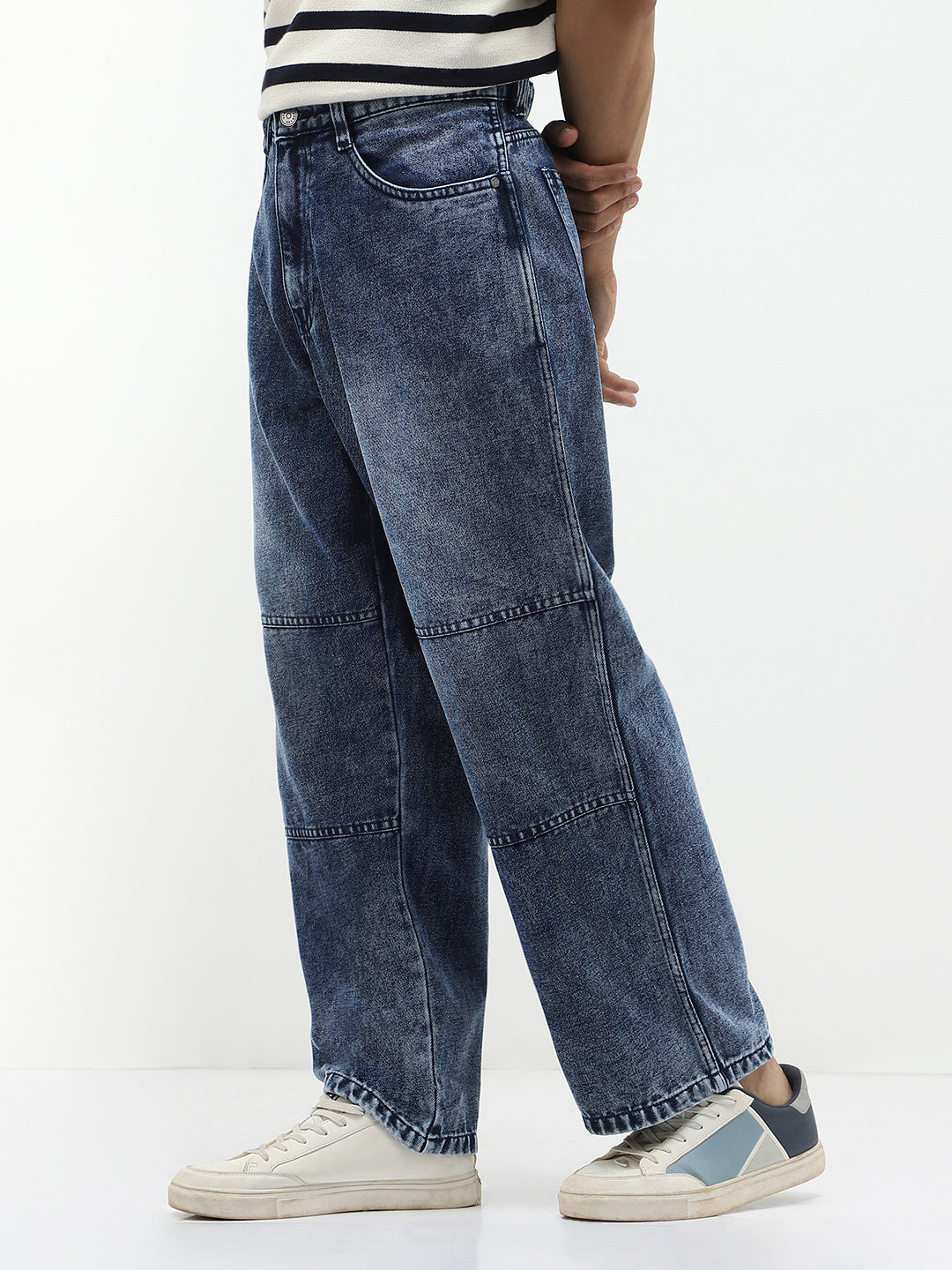 Men's Blue Loose Baggy Fit Cut and Sew Panelled Jeans Non-Stretchable