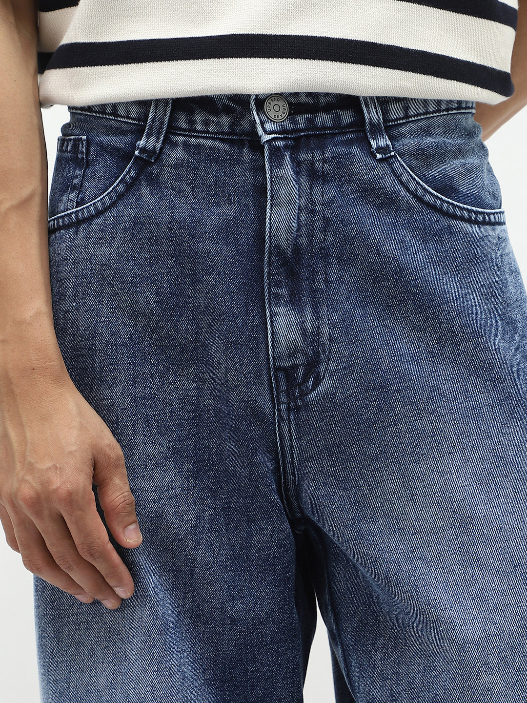 Men's Blue Loose Baggy Fit Cut and Sew Panelled Jeans Non-Stretchable