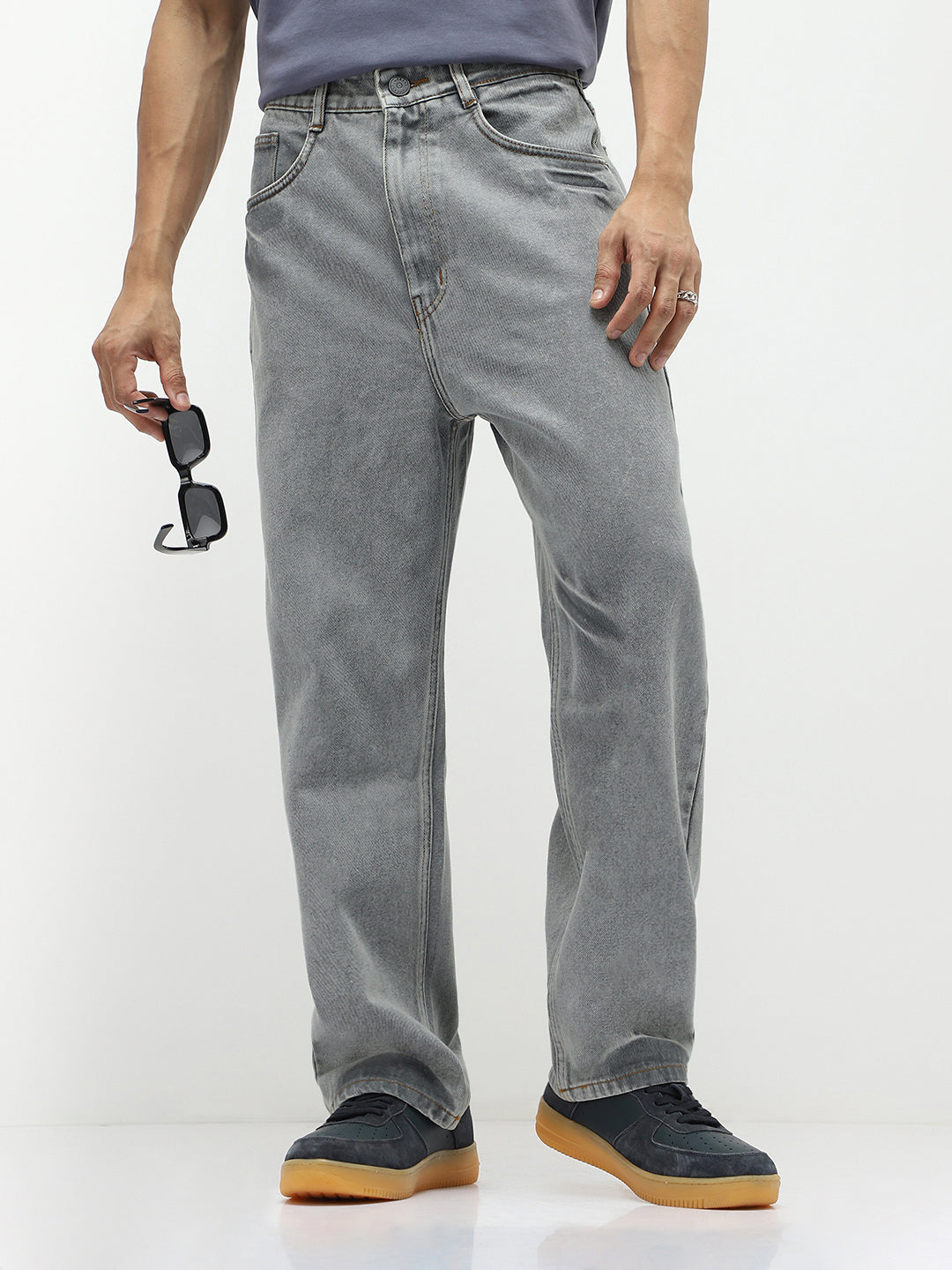 Men's Ice Grey Loose Baggy Fit Washed Jeans Non-Stretchable
