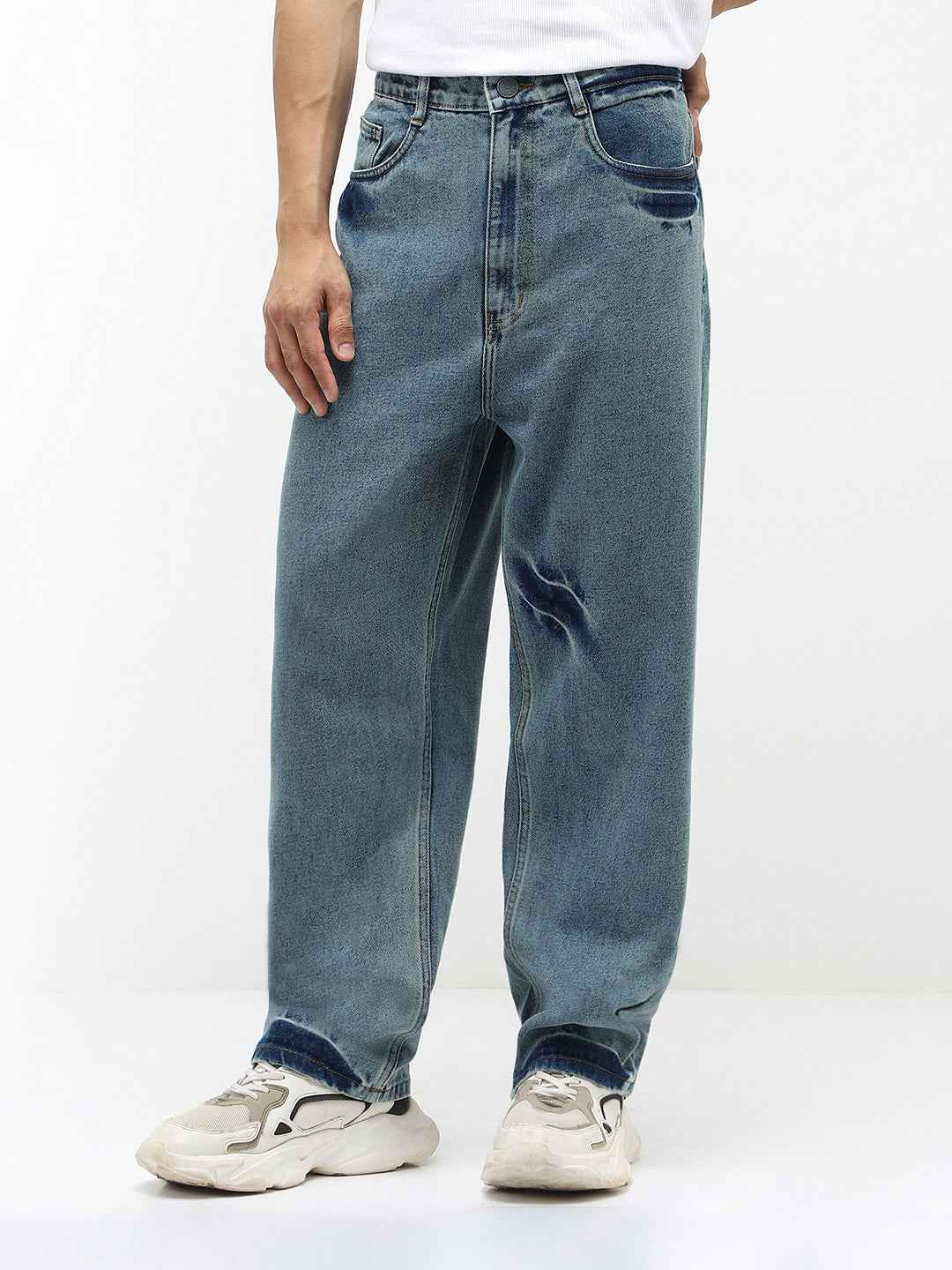 Men's Light Blue  Loose Baggy Fit Washed Jeans Non-Stretchable