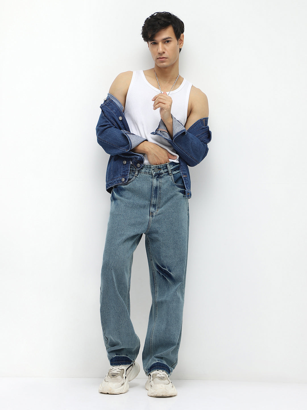 Men's Light Blue  Loose Baggy Fit Washed Jeans Non-Stretchable