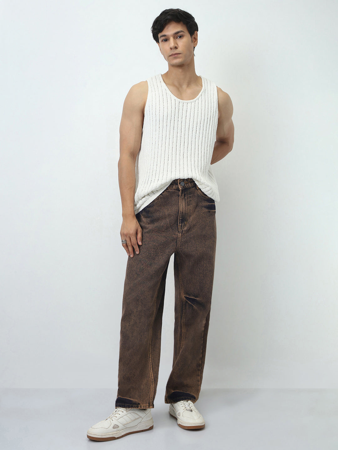 Men's Light Brown Loose Baggy Fit Washed Jeans Non-Stretchable