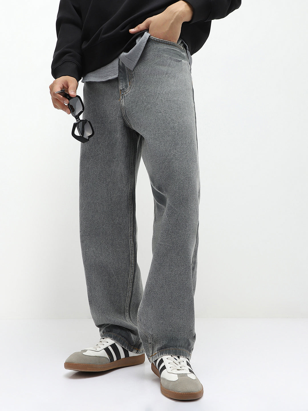 Men's Light Grey Loose Baggy Fit Washed Jeans Non-Stretchable