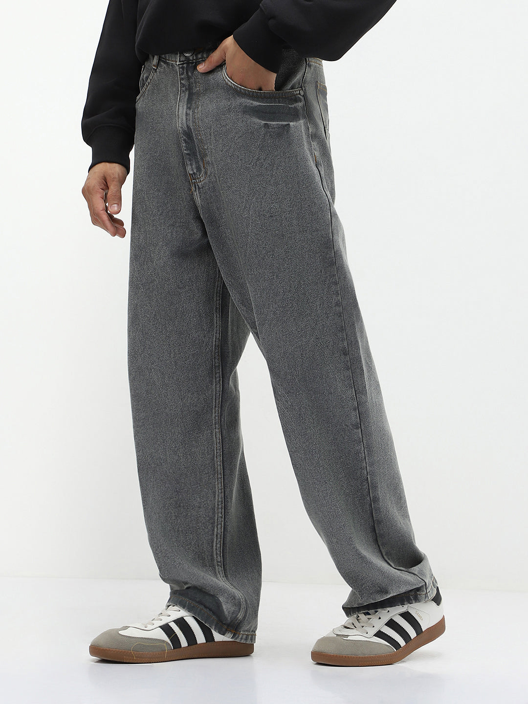 Men's Light Grey Loose Baggy Fit Washed Jeans Non-Stretchable