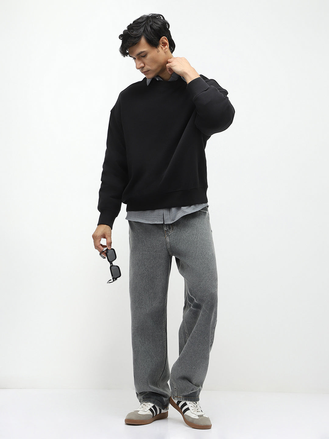 Men's Light Grey Loose Baggy Fit Washed Jeans Non-Stretchable