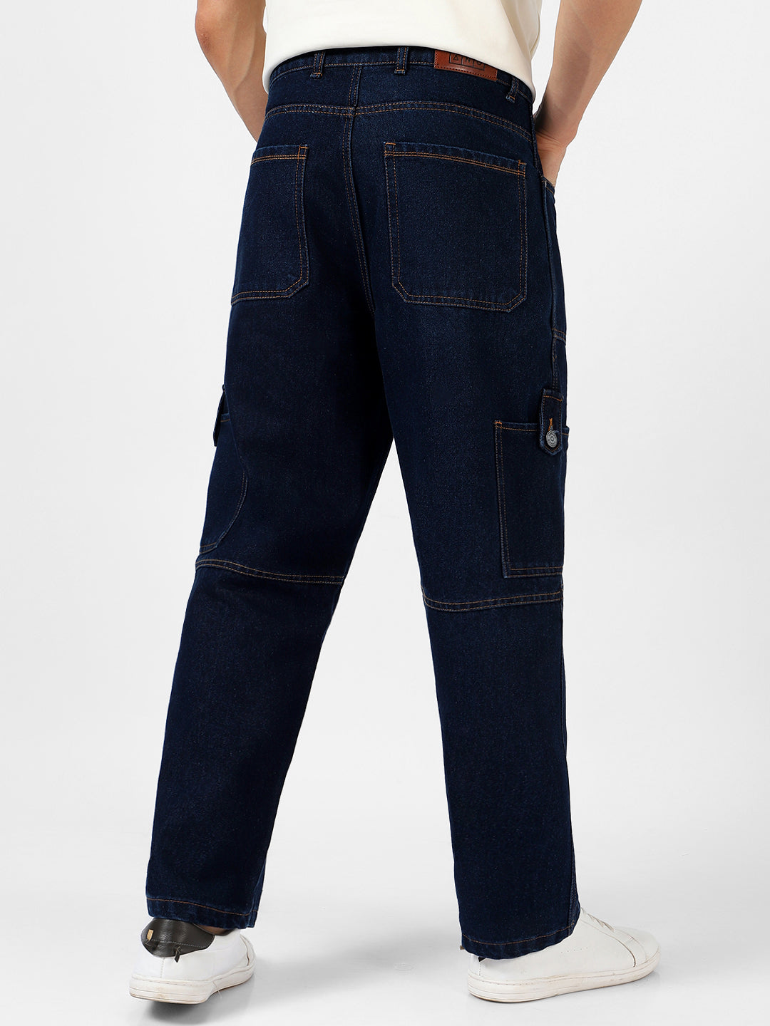 Men's Dark Blue Loose Baggy Fit Washed Cargo Jeans with 6 Pockets Non-Stretchable