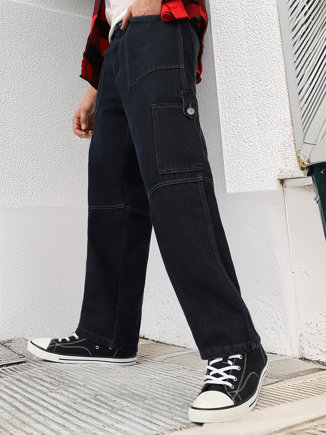 Men's Dark Grey Loose Baggy Fit Washed Cargo Jeans with 6 Pockets Non-Stretchable