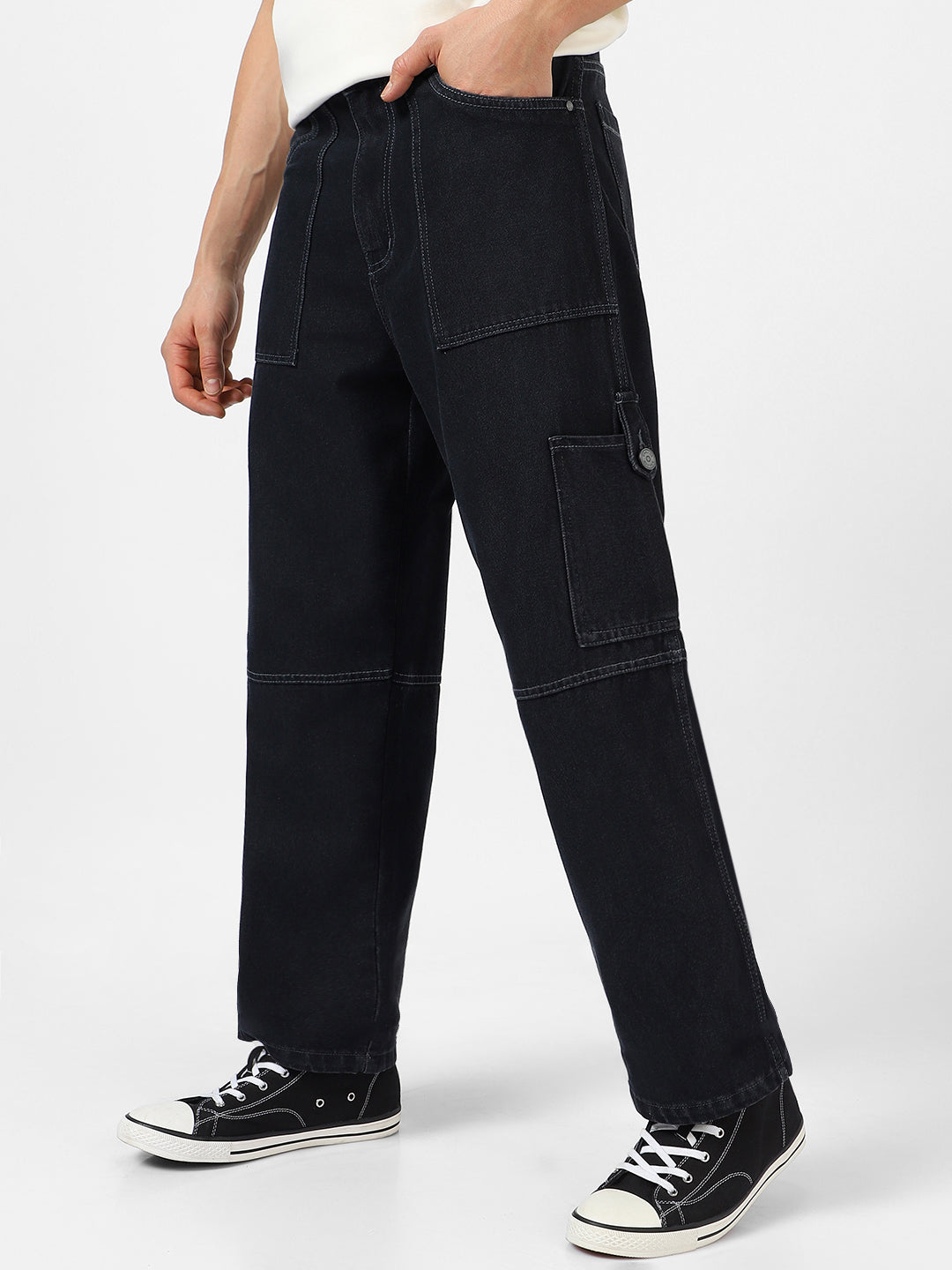 Men's Dark Grey Loose Baggy Fit Washed Cargo Jeans with 6 Pockets Non-Stretchable