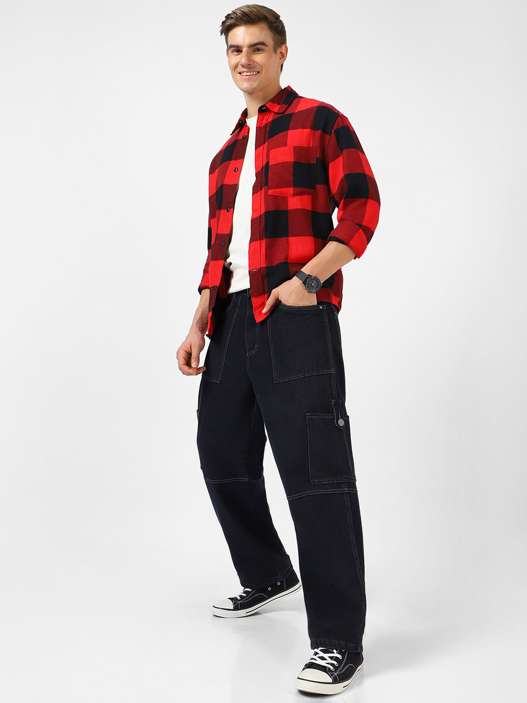 Men's Dark Grey Loose Baggy Fit Washed Cargo Jeans with 6 Pockets Non-Stretchable