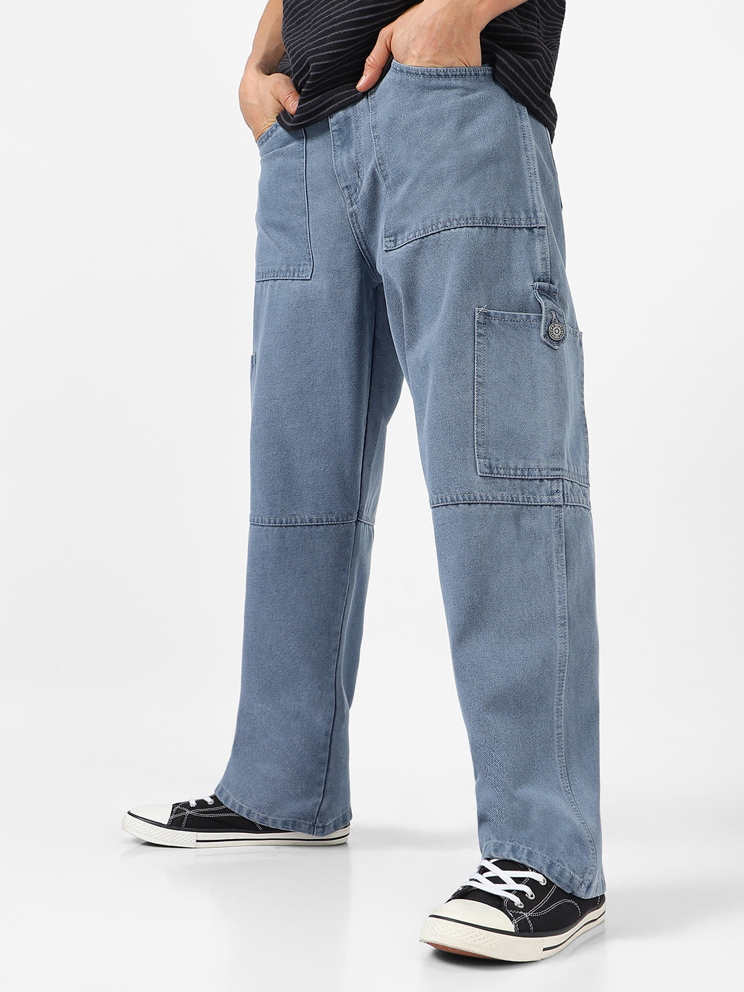 Men's Light Grey Loose Baggy Fit Washed Cargo Jeans with 6 Pockets Non-Stretchable