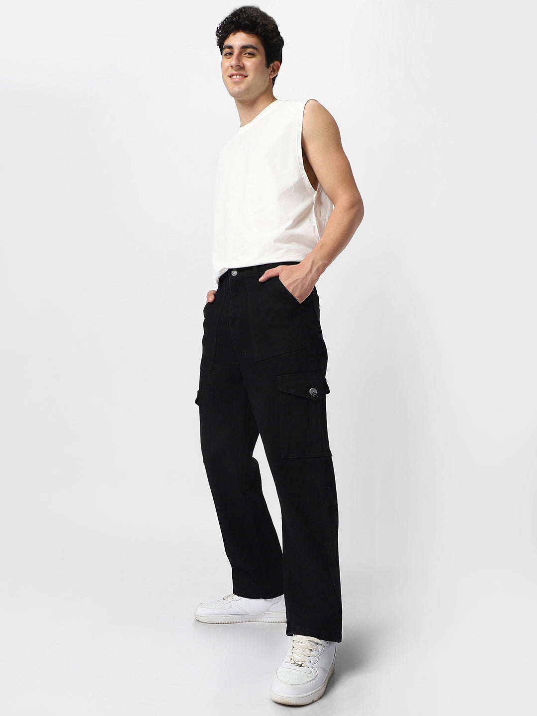 Men's Black Loose Fit Cargo Jeans with 6 Pockets Non-Stretchable