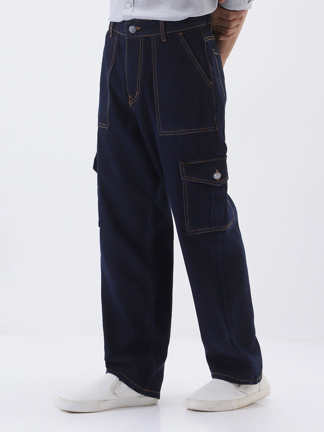 Men's Dark Blue Loose Fit Cargo Jeans with 6 Pockets Non-Stretchable